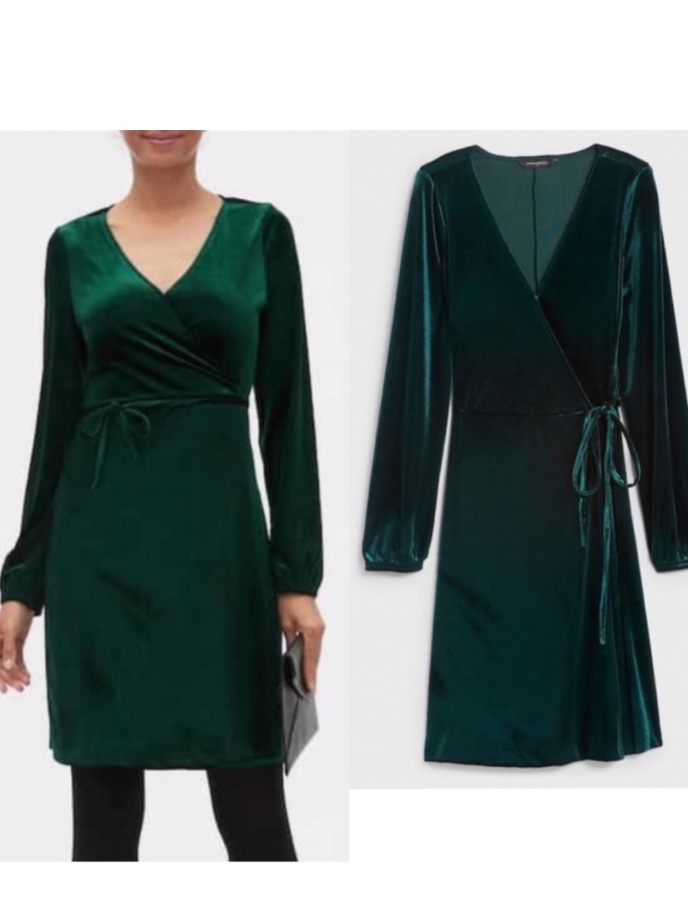 Whimsigoth Emerald Velvet Banana Republic Y2K Classic Wrap Midi Dress w sleeves